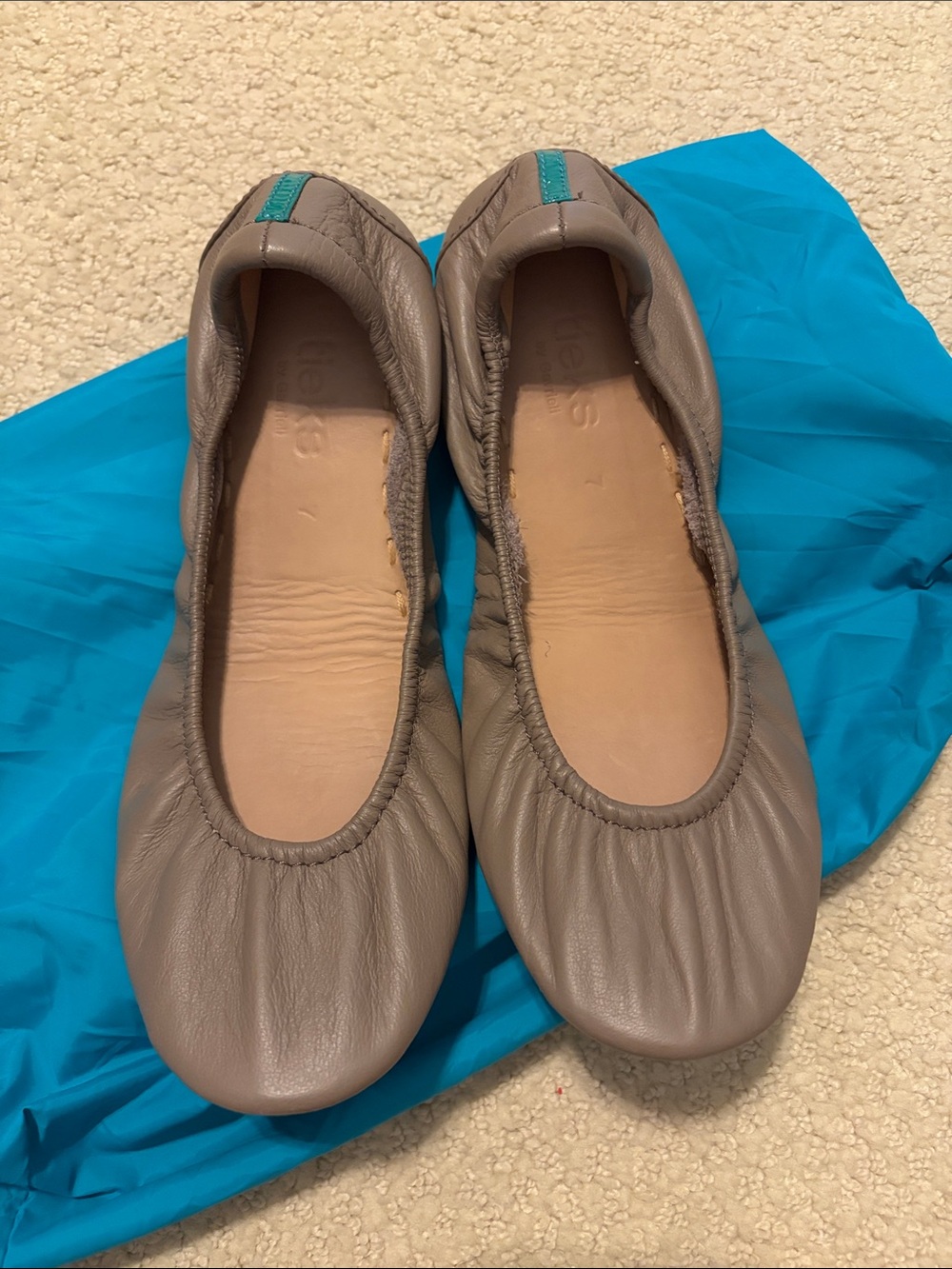 Tieks Taupe Leather Ballet Flats with Teal Heel Tab